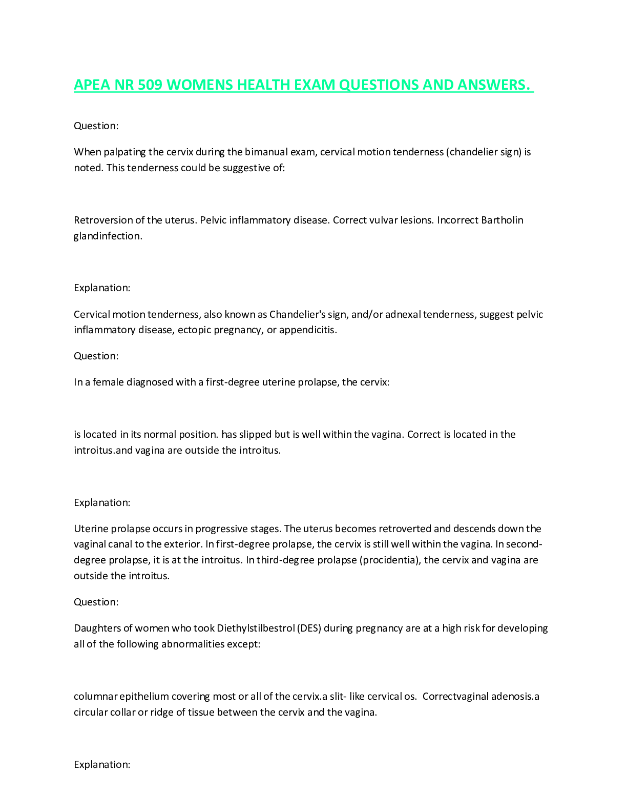 Preview image for APEA WOMEN'S HEALTH EXAM COMPLETE QUESTIONS AND ANSWERS ALL WITH EXPLANATIONS CHAMBERLAIN OF COLLEGE NURSING.